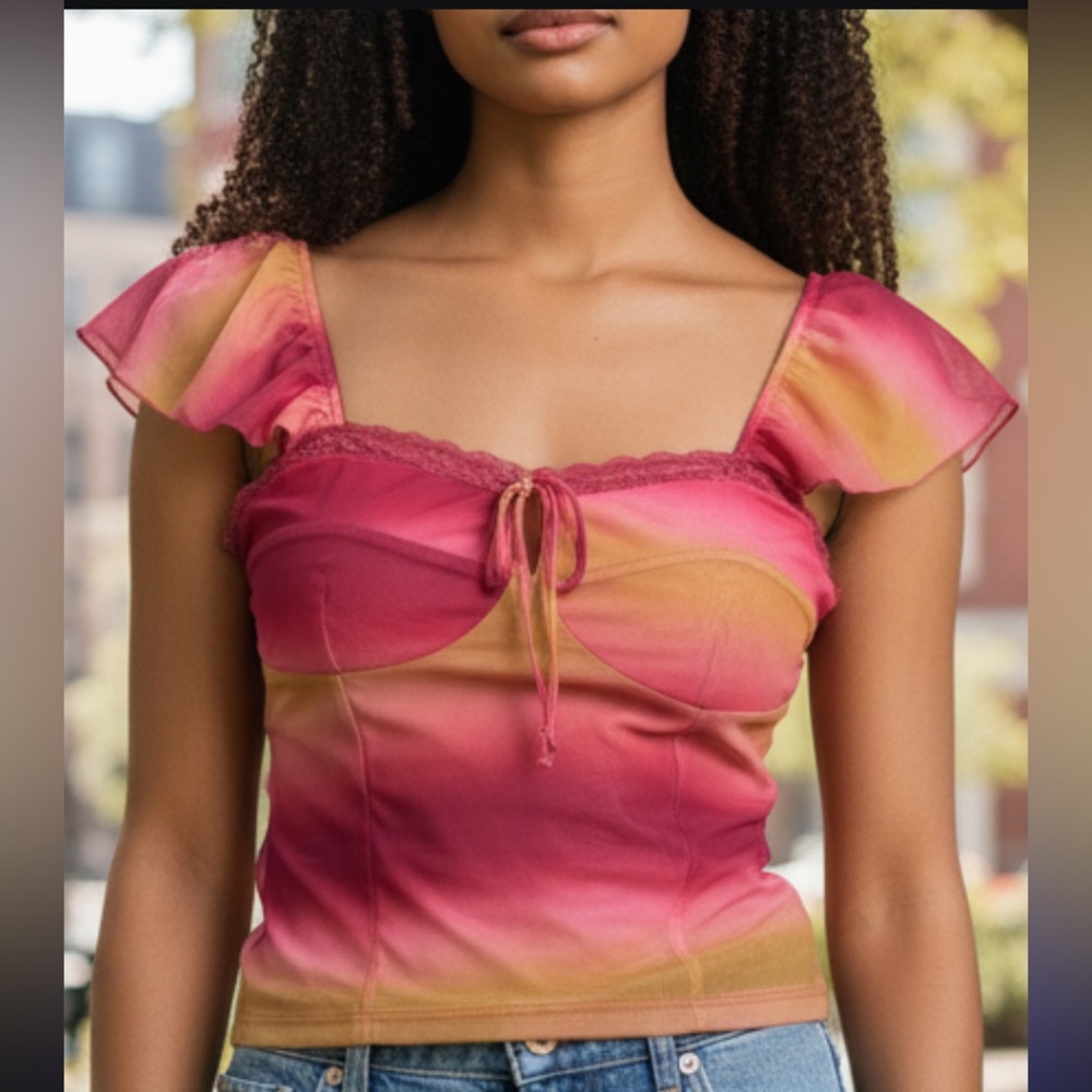 New Topshop Mesh Corset Top Pink Yellow Sheer Y2K Tie Front Flutter Sleeve M